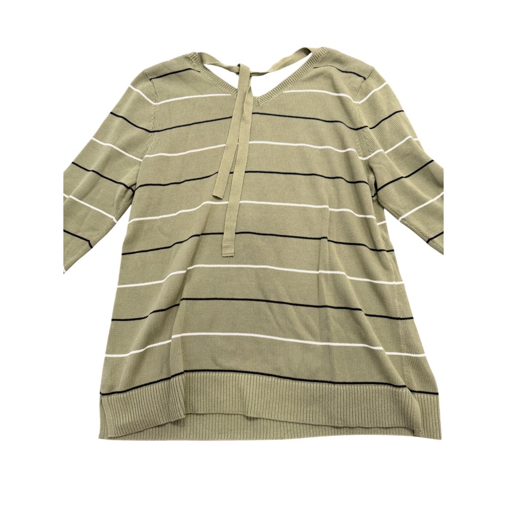 Talbots Striped V-Neck Sweater Womens Large Green 3/4 Sleeve Back Tie Knit Top - Picture 4 of 6
